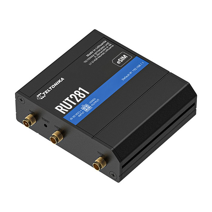 Teltonika RUT281 Router LTE Cat4 con WiFi 2.4 GHz, 2 Puertos LAN, Dual SIM (MiniSIM + eSIM), Montaje Pared/DIN, IP30, para 4G/3G/2G