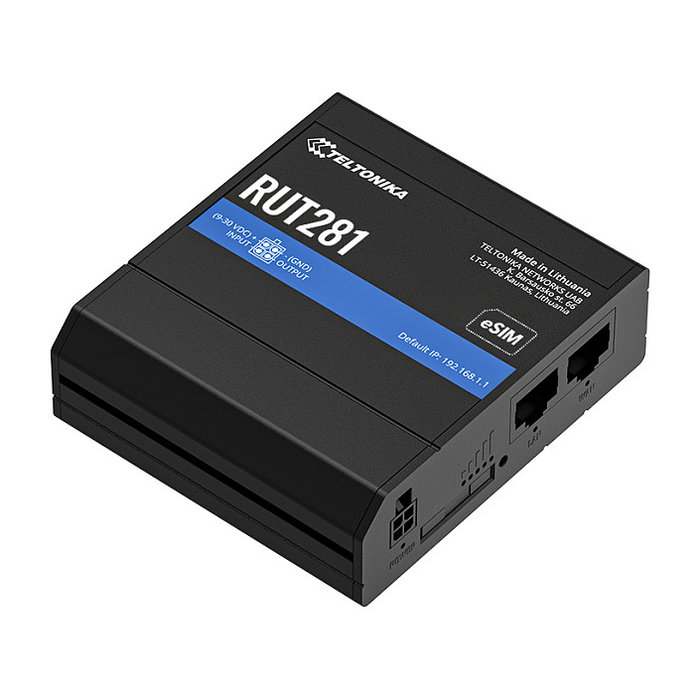 Teltonika RUT281 Router LTE Cat4 con WiFi 2.4 GHz, 2 Puertos LAN, Dual SIM (MiniSIM + eSIM), Montaje Pared/DIN, IP30, para 4G/3G/2G