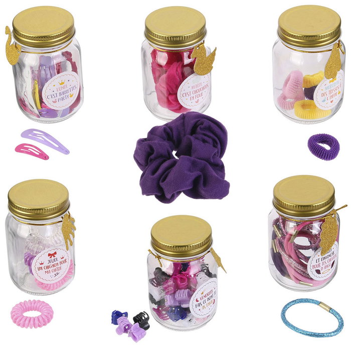 Hello Kids Tarro Accesorios Pelo Niña con Gomas, Clips y Coleteros, 6 Modelos Coleccionables Hello Kids Tarro Accesorios Pelo Niña con Gomas, Clips y Coleteros, 6 Modelos Coleccionables