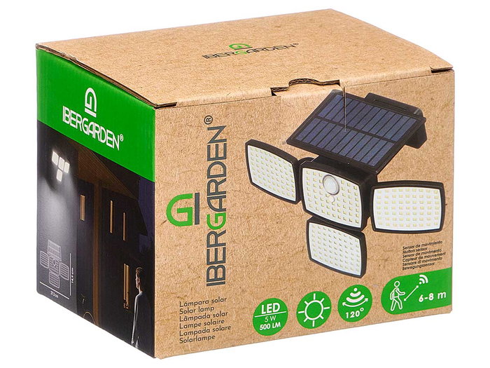 Ibergarden Lampara Solar LED Exterior 4 Focos 500 Lumenes con Sensor de Movimiento, IP44, Negro, Dimensiones 15 x 11 x 12 cm (Set de 6)