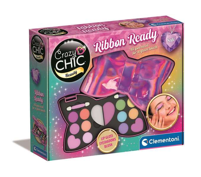 Clementoni Estuche de Maquillaje Ribbon Ready con 6 Brillos de Labios y 6 Sombras de Ojos - Juego de Cosmética para Niñas, 27.5 x 22.5 x 6 cm