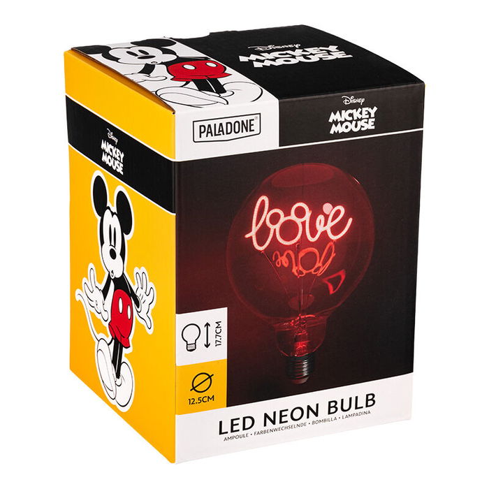 Paladone Bombilla LED Decorativa Neon Mickey Mouse, Estilo Retro, 1W, Rosca E27, Diámetro 12.5 cm, Ideal para Ambientación Temática