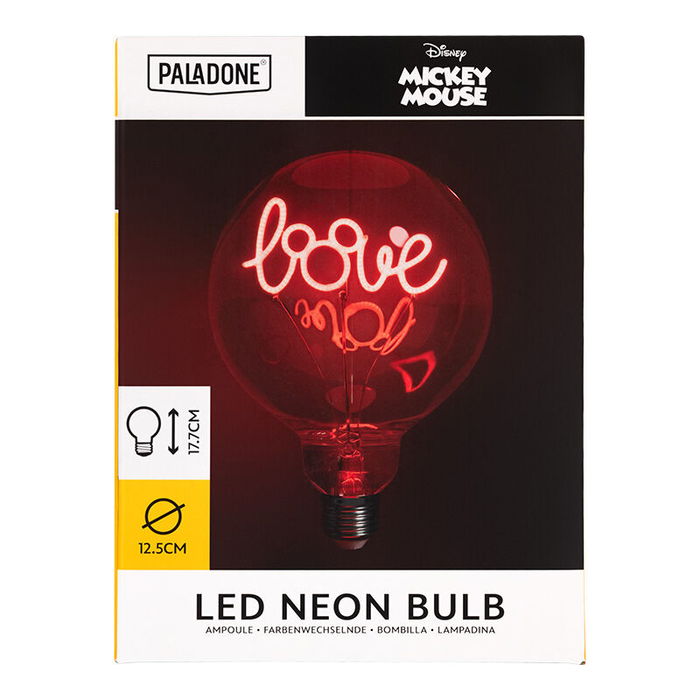 Paladone Bombilla LED Decorativa Neon Mickey Mouse, Estilo Retro, 1W, Rosca E27, Diámetro 12.5 cm, Ideal para Ambientación Temática