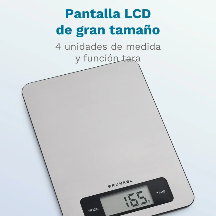 Grunkel BC-COOKXT Báscula de Cocina Electrónica Acero Inoxidable hasta 5kg, Precisión 1g, Función Tara, Pantalla LCD, Unidades g/ml/lb-oz/fl-oz, Encimera Rectangular Grunkel BC-COOKXT Báscula de Cocina Electrónica Acero Inoxidable hasta 5kg, Precisión 1g, Función Tara, Pantalla LCD, Unidades g/ml/lb-oz/fl-oz, Encimera Rectangular