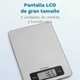 Grunkel BC-COOKXT Báscula de Cocina Electrónica Acero Inoxidable hasta 5kg, Precisión 1g, Función Tara, Pantalla LCD, Unidades g/ml/lb-oz/fl-oz, Encimera Rectangular