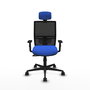 Silla de oficina Yunquera con mecanismo Sincro tapizada con Tela color Azul y malla color Negro. Equipada con lumbar 1D, Brazos 1D, Cabecero 1D y Ruedas 65mm nailon