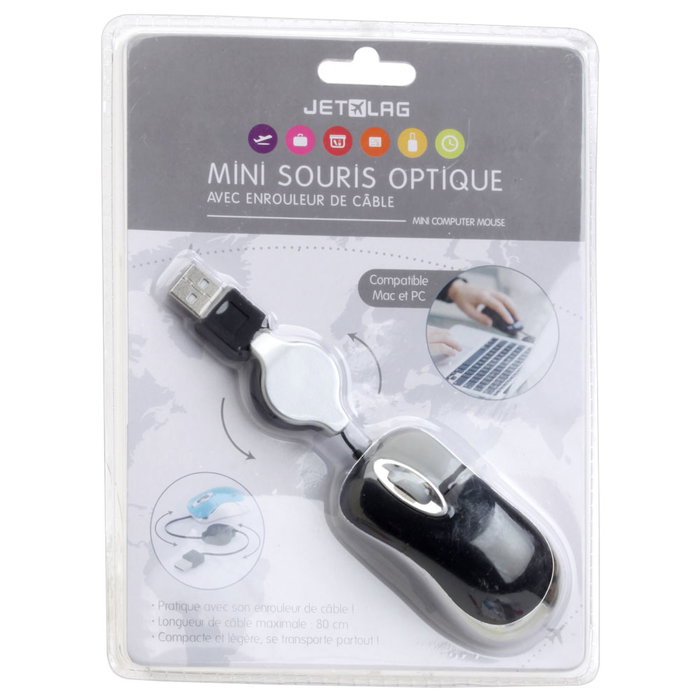 Jet Lag Mini Ratón con Cable Retráctil USB Compatible Mac y PC Jet Lag Mini Ratón con Cable Retráctil USB Compatible Mac y PC