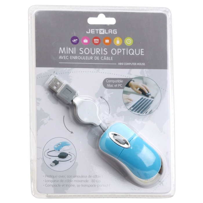 Jet Lag Mini Ratón con Cable Retráctil USB Compatible Mac y PC Jet Lag Mini Ratón con Cable Retráctil USB Compatible Mac y PC
