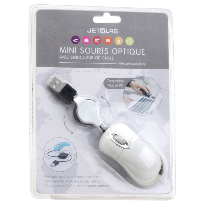 Jet Lag Mini Ratón con Cable Retráctil USB Compatible Mac y PC Jet Lag Mini Ratón con Cable Retráctil USB Compatible Mac y PC