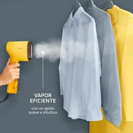 Rowenta DR2026D1 Cepillo de Vapor Portátil Pure Pop 1300W Depósito 70ml Desinfectante Elimina Arrugas y Pelusas Amarillo