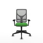 Silla de oficina Motilla con mecanismo Sincro tapizada con Tela color Verde y malla color Gris. Equipada con lumbar 1D, Brazos 3D y Ruedas 65 mm parqué
