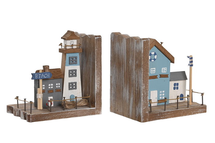 DKD Home Decor Sujetalibros Antique Natural Azul 9 x 13 x 13 cm Set de 2