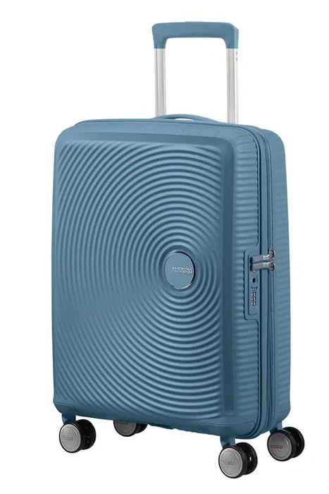 American Tourister Soundbox - Maleta de Cabina Trolley Spinner de 4 Ruedas, Carcasa Dura, 55x40x20 cm (35.5 L), Expandible, Cerradura TSA, Color Azul Piedra (Stone Blue)