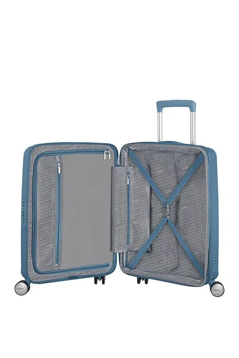 American Tourister Soundbox - Maleta de Cabina Trolley Spinner de 4 Ruedas, Carcasa Dura, 55x40x20 cm (35.5 L), Expandible, Cerradura TSA, Color Azul Piedra (Stone Blue)