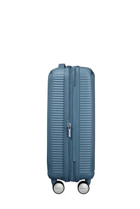 American Tourister Soundbox - Maleta de Cabina Trolley Spinner de 4 Ruedas, Carcasa Dura, 55x40x20 cm (35.5 L), Expandible, Cerradura TSA, Color Azul Piedra (Stone Blue)