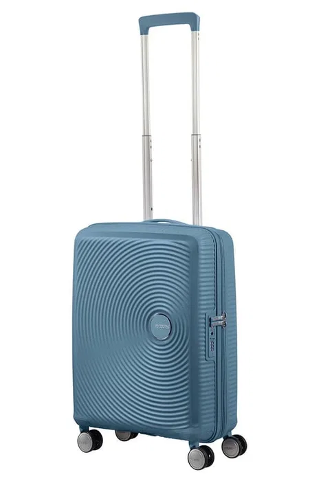 American Tourister Soundbox - Maleta de Cabina Trolley Spinner de 4 Ruedas, Carcasa Dura, 55x40x20 cm (35.5 L), Expandible, Cerradura TSA, Color Azul Piedra (Stone Blue)