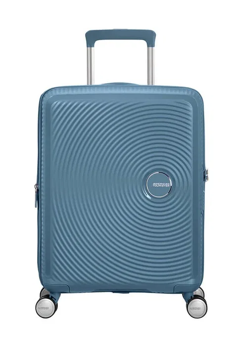 American Tourister Soundbox - Maleta de Cabina Trolley Spinner de 4 Ruedas, Carcasa Dura, 55x40x20 cm (35.5 L), Expandible, Cerradura TSA, Color Azul Piedra (Stone Blue)