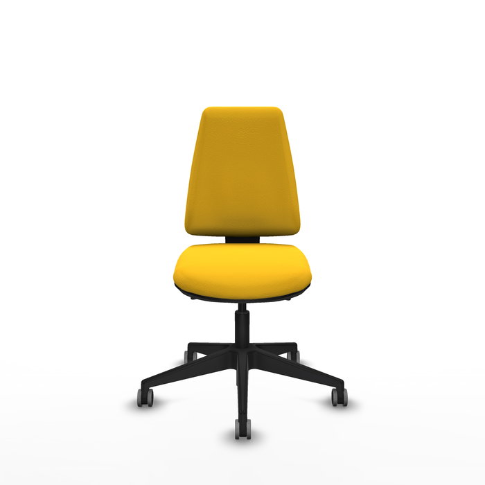 Silla de oficina Elche con mecanismo Asincro tapizada con Similpiel color Amarillo. Equipada con Base piramidal negra, Sin brazos y Ruedas 65 mm parqué