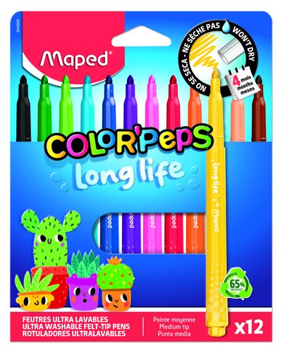 MAPED Rotuladores Color'Peps Long Life Ultralavables, 12 Colores Surtidos MAPED Rotuladores Color'Peps Long Life Ultralavables, 12 Colores Surtidos