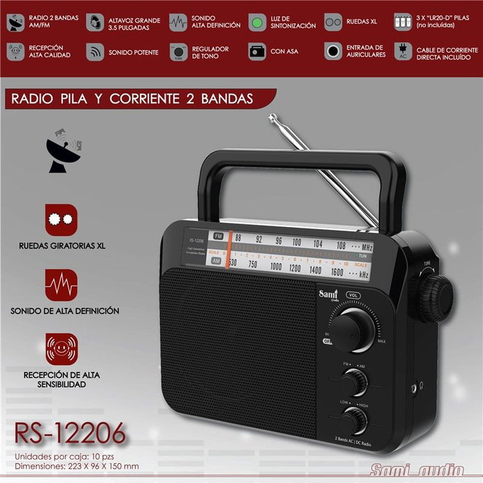 SAMI Radio AC/DC de 2 Bandas con Ruedas XL y Alta Recepción, Funciona con Pila y Corriente