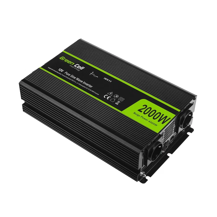 Green Cell INV11 Inversor de Corriente para Coche/Auto, 12V a 230V, Onda Sinusoidal Completa, 2000W / 4000W Pico