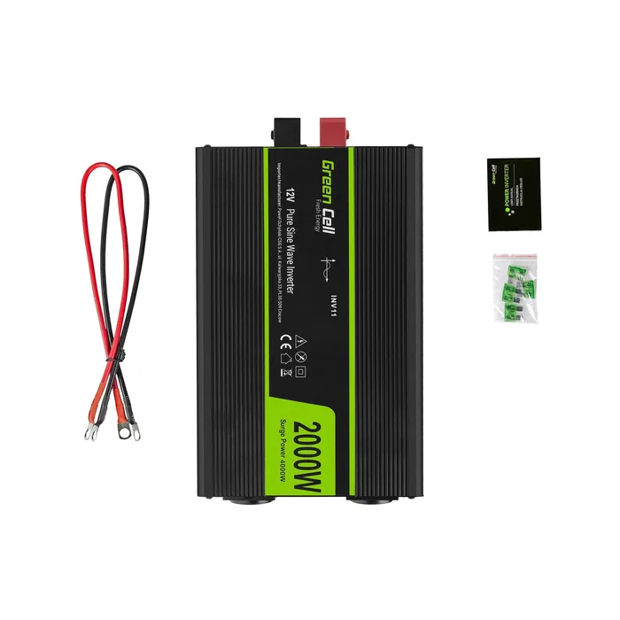 Green Cell INV11 Inversor de Corriente para Coche/Auto, 12V a 230V, Onda Sinusoidal Completa, 2000W / 4000W Pico