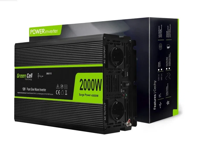 Green Cell INV11 Inversor de Corriente para Coche/Auto, 12V a 230V, Onda Sinusoidal Completa, 2000W / 4000W Pico