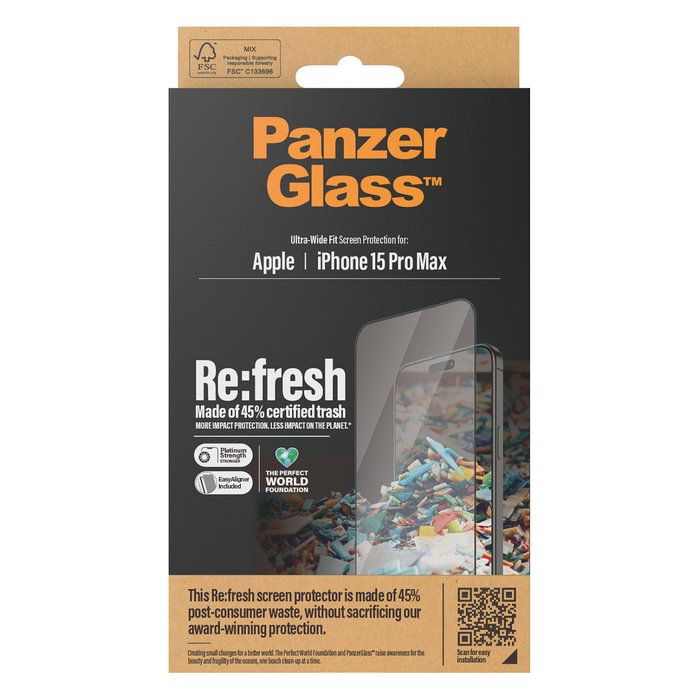 PanzerGlass Protector de Pantalla Re:fresh para iPhone 15 Pro Max, Vidrio Templado Ultra-Wide Fit con EasyAligner, Aplicación en Seco