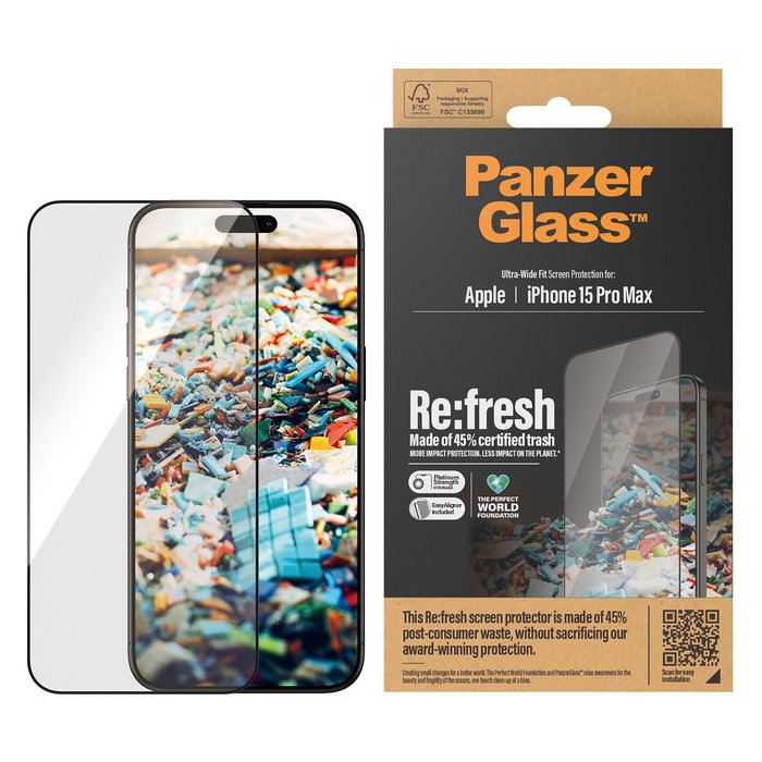 PanzerGlass Protector de Pantalla Re:fresh para iPhone 15 Pro Max, Vidrio Templado Ultra-Wide Fit con EasyAligner, Aplicación en Seco