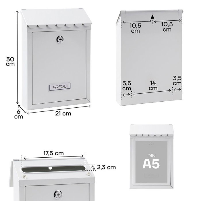 Arregui Civic Buzón Individual Exterior Acero Galvanizado Lacado Blanco Tamaño S (A5) Apertura Lateral, Incluye Tarjetero y 2 Llaves, Medidas 21,6 x 8 x 30 cm