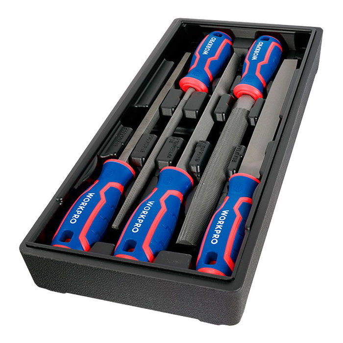 Workpro Limas Acero T12, Juego 5 Piezas 200 mm para Formas Cuadrada, Redonda, Triangular, Media Caña y Plana