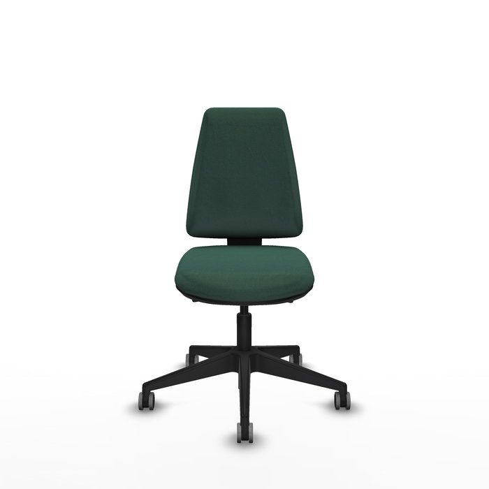 Silla de oficina Elche con mecanismo Asincro tapizada con Tela color Verde botella. Equipada con Base piramidal negra, Sin brazos y Ruedas 65 mm parqué