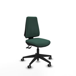 Silla de oficina Elche con mecanismo Asincro tapizada con Tela color Verde botella. Equipada con Base piramidal negra, Sin brazos y Ruedas 65 mm parqué