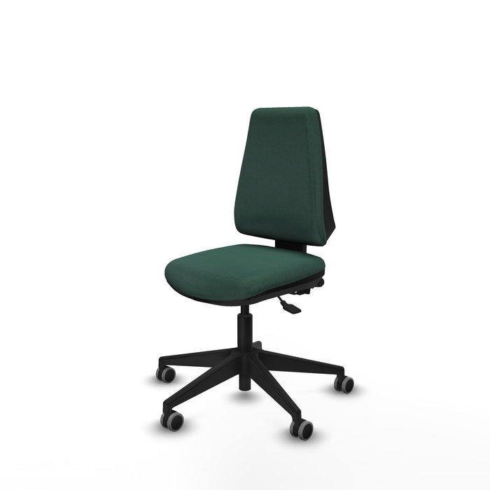 Silla de oficina Elche con mecanismo Asincro tapizada con Tela color Verde botella. Equipada con Base piramidal negra, Sin brazos y Ruedas 65 mm parqué