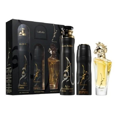 Lattafa Perfumes Maahir Gift Set 100ml EDP + 200ml Body Spray + 300ml Air Freshener