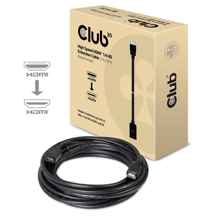 Club3D Cable Extensión HDMI 1.4 5 Metros Macho a Hembra Retail Negro Club3D Cable Extensión HDMI 1.4 5 Metros Macho a Hembra Retail Negro