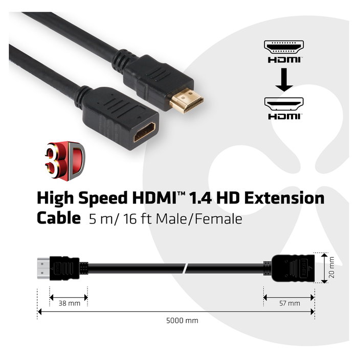 Club3D Cable Extensión HDMI 1.4 5 Metros Macho a Hembra Retail Negro Club3D Cable Extensión HDMI 1.4 5 Metros Macho a Hembra Retail Negro