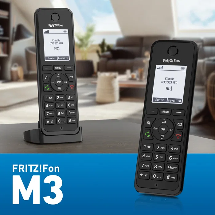 AVM FRITZ!Fon M3 International - Teléfono DECT inalámbrico de escritorio con contestador automático, altavoz, 1000 entradas, identificador de llamadas y pantalla 1.8" - Negro
