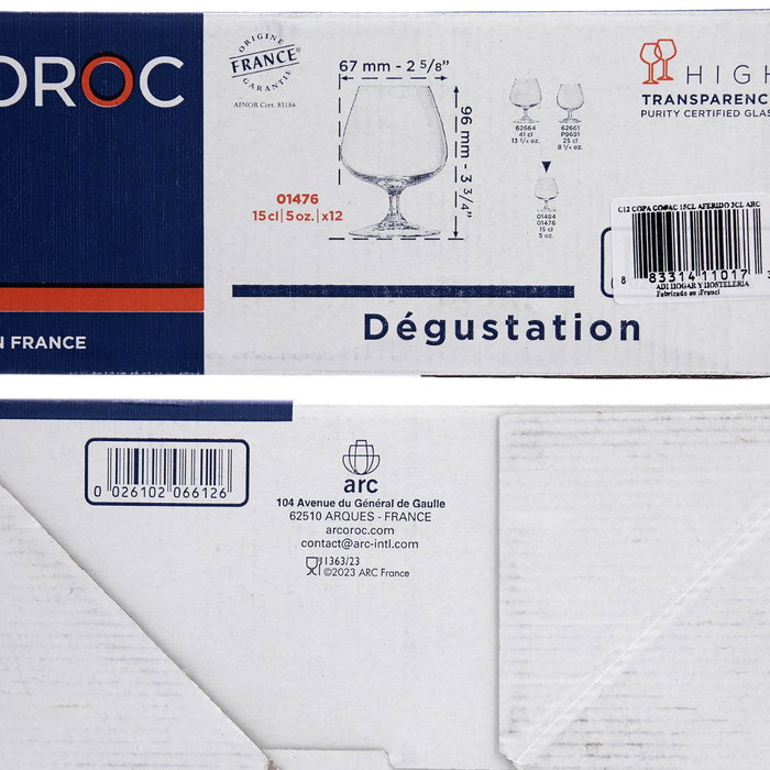 Caja 12 Copas Coñac Vidrio Coñac Arcoroc 15 cL Caja 12 Copas Coñac Vidrio Coñac Arcoroc 15 cL
