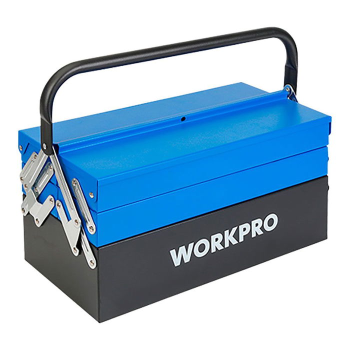 Workpro Caja de Herramientas Metálica, 41.5 x 20 x 20 cm, 5 Compartimentos con 4 Bandejas Plegables, Asa, Color Azul y Negro
