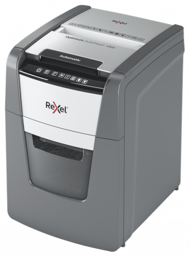 Rexel 2020100X Trituradora de Papel Optimum AutoFeed+ 100X, Corte Cruzado, 100 Hojas, 55 dB, Negro/Gris