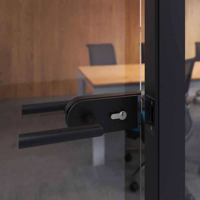 Emuca Cerradura para puerta de cristal con marco de madera, bombillo con llaves, puerta vidrio 8-12mm, acero y aluminio, pintado negro