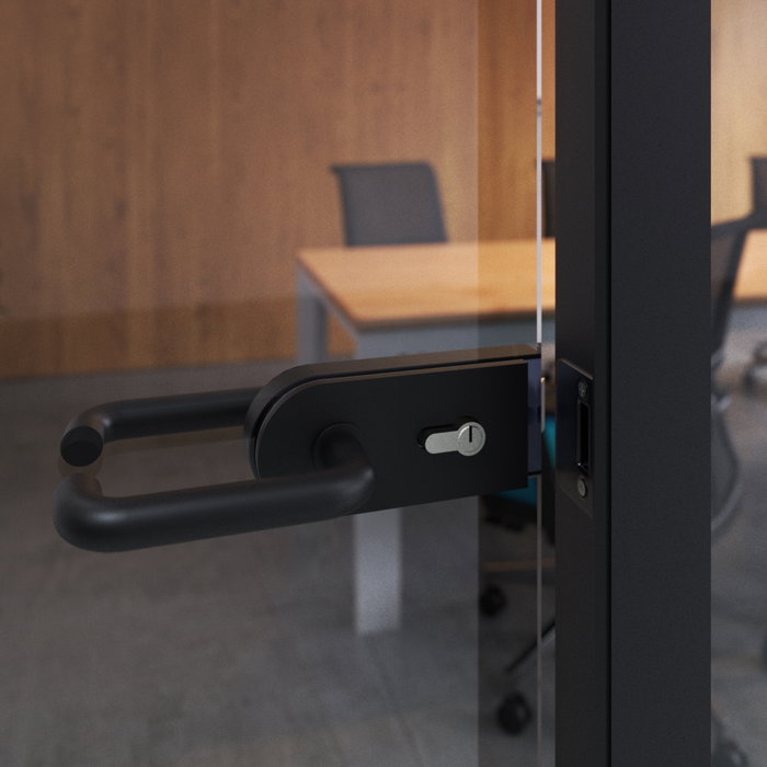 Emuca Cerradura para puerta de cristal con marco de madera, bombillo con llaves, puerta vidrio 8-12mm, acero y aluminio, pintado negro