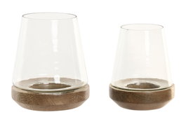 DKD Home Decor Set de 2 Portavelas de Mango y Cristal Natural Marrón