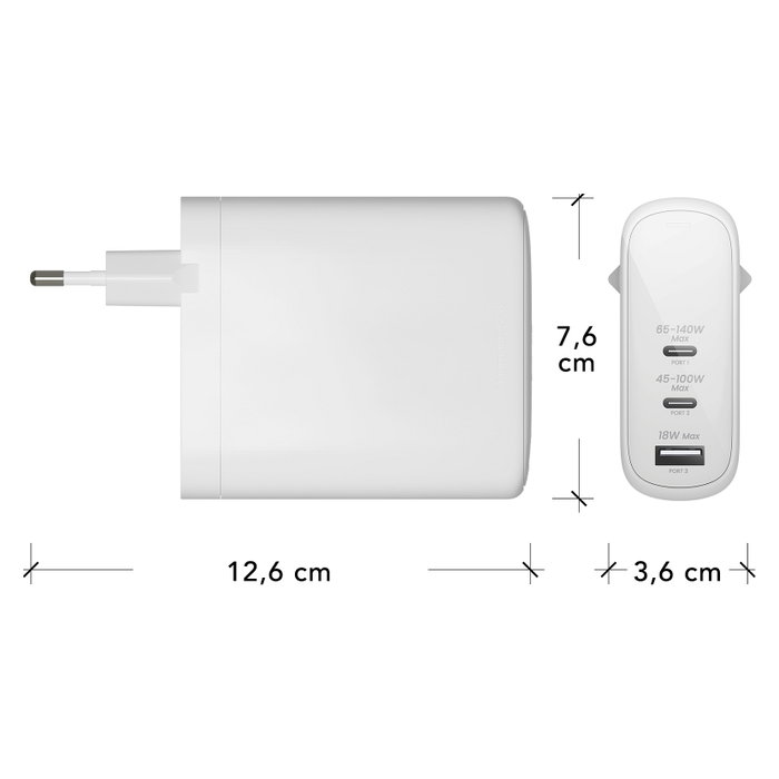 Dbramante1928 Adaptador de Corriente 140W con 3 Conectores USB-C y USB Blanco EU