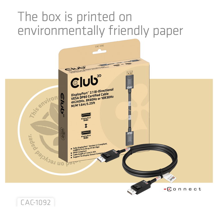 Club 3D Cable DisplayPort 2.1 DP80 Certificado 10K/8K/4K Macho a Macho 1.6m Club 3D Cable DisplayPort 2.1 DP80 Certificado 10K/8K/4K Macho a Macho 1.6m