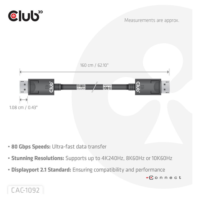 Club 3D Cable DisplayPort 2.1 DP80 Certificado 10K/8K/4K Macho a Macho 1.6m Club 3D Cable DisplayPort 2.1 DP80 Certificado 10K/8K/4K Macho a Macho 1.6m