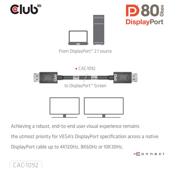 Club 3D CAC-1092 Cable DisplayPort 2.1 DP80 1,6 m Negro Club 3D CAC-1092 Cable DisplayPort 2.1 DP80 1,6 m Negro