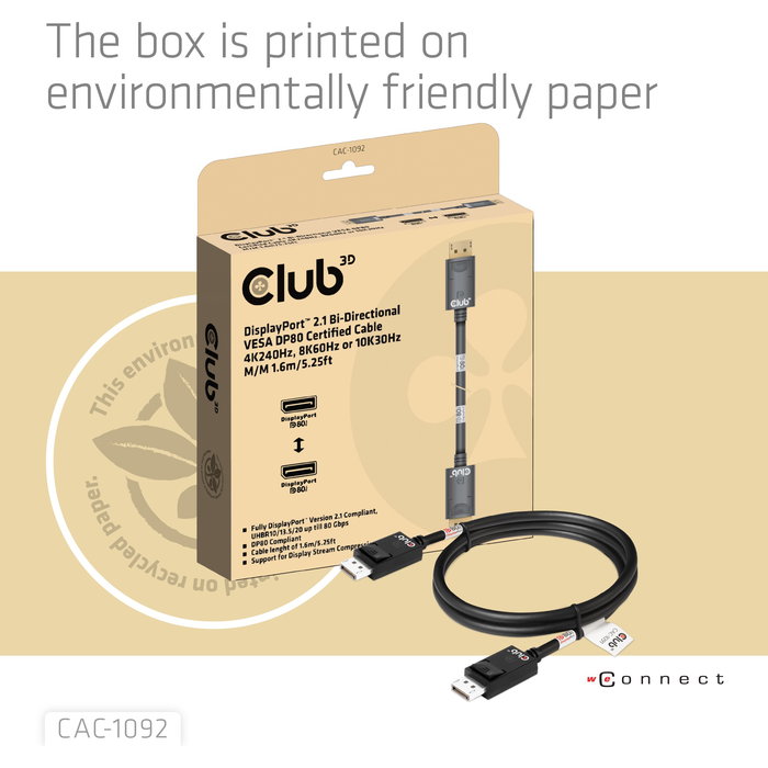 Club 3D Cable DisplayPort 2.1 DP80 Certificado 10K/8K/4K Macho a Macho 1.6m Club 3D Cable DisplayPort 2.1 DP80 Certificado 10K/8K/4K Macho a Macho 1.6m