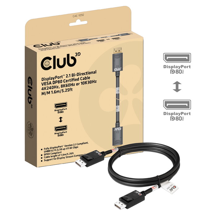 Club 3D Cable DisplayPort 2.1 DP80 Certificado 10K/8K/4K Macho a Macho 1.6m Club 3D Cable DisplayPort 2.1 DP80 Certificado 10K/8K/4K Macho a Macho 1.6m